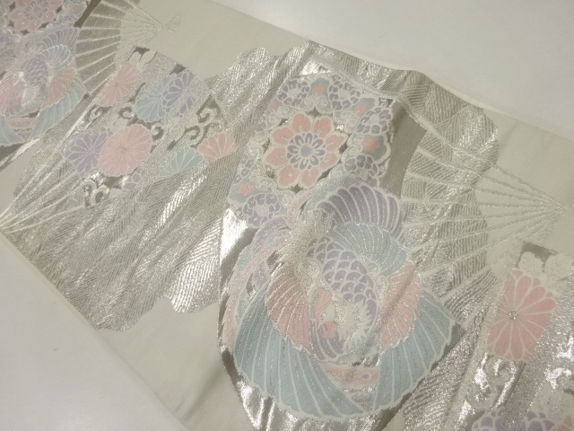 アンティーク　扇に花鳥模様織出し袋帯（材料）